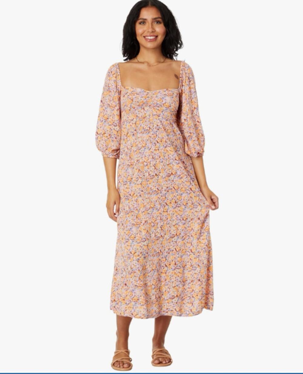 Billabong Women's Swept Away Midi Dress Boho Floral Smocked Babydoll Milkmaid